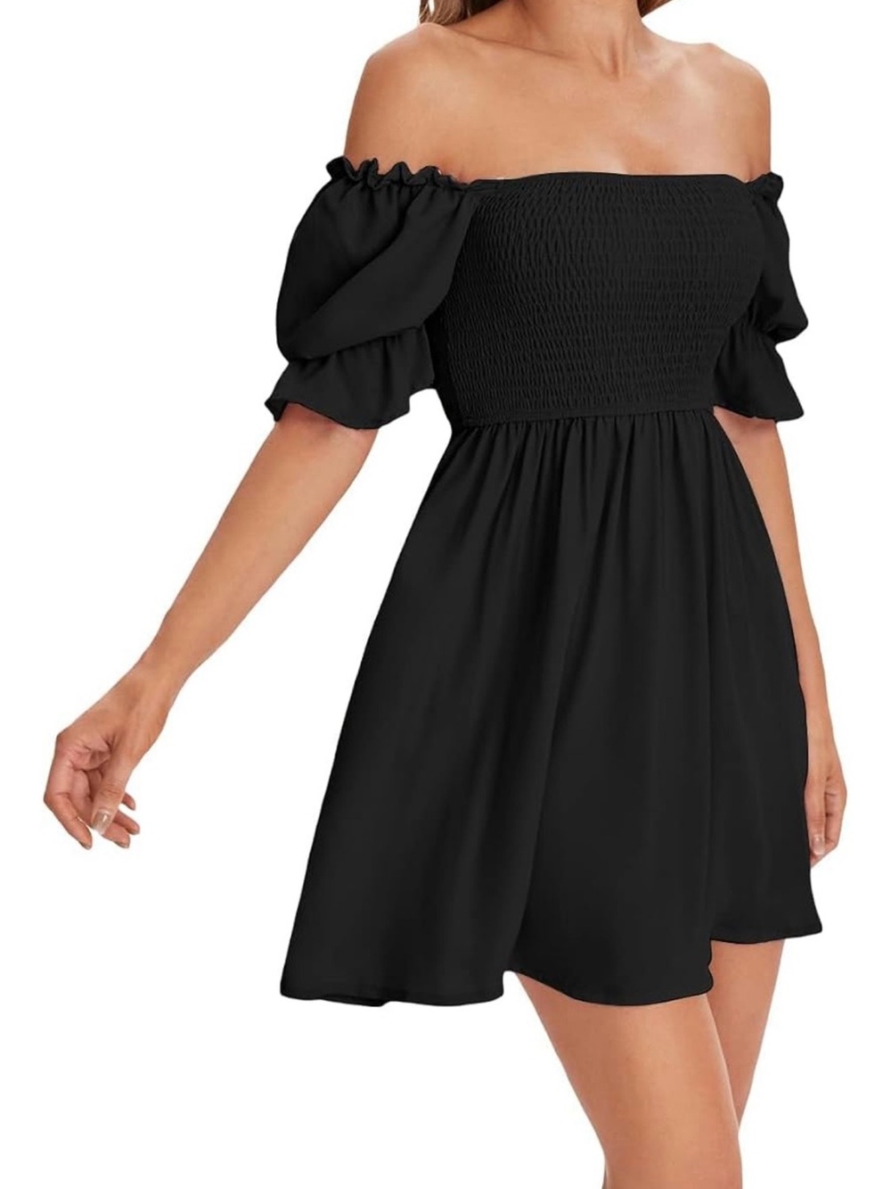 Off-Shoulder Black Smocked Mini Dress